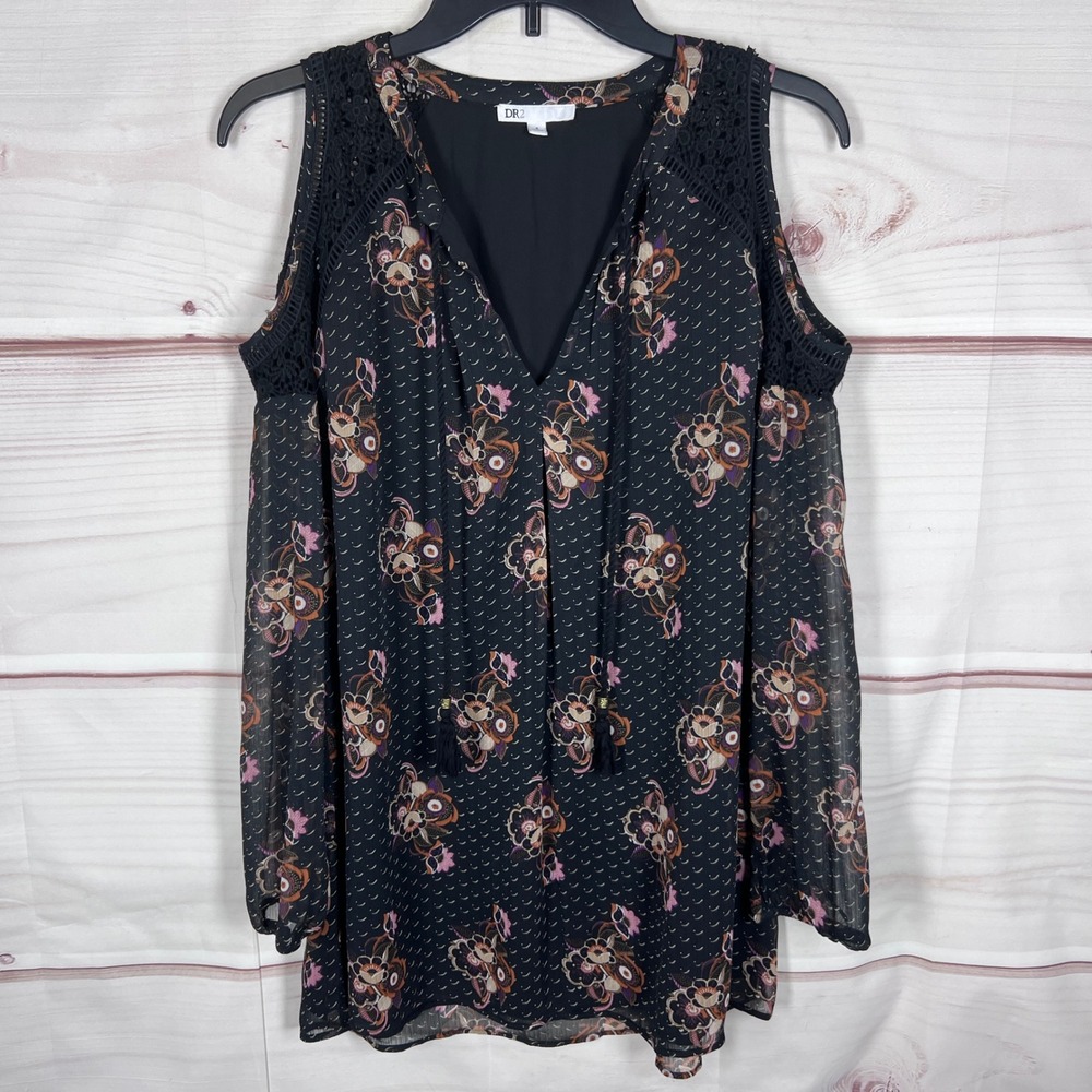 DR2 Cold Shoulder Top Womens Size S Black Floral Lace Trim Long Sleeve Blouse